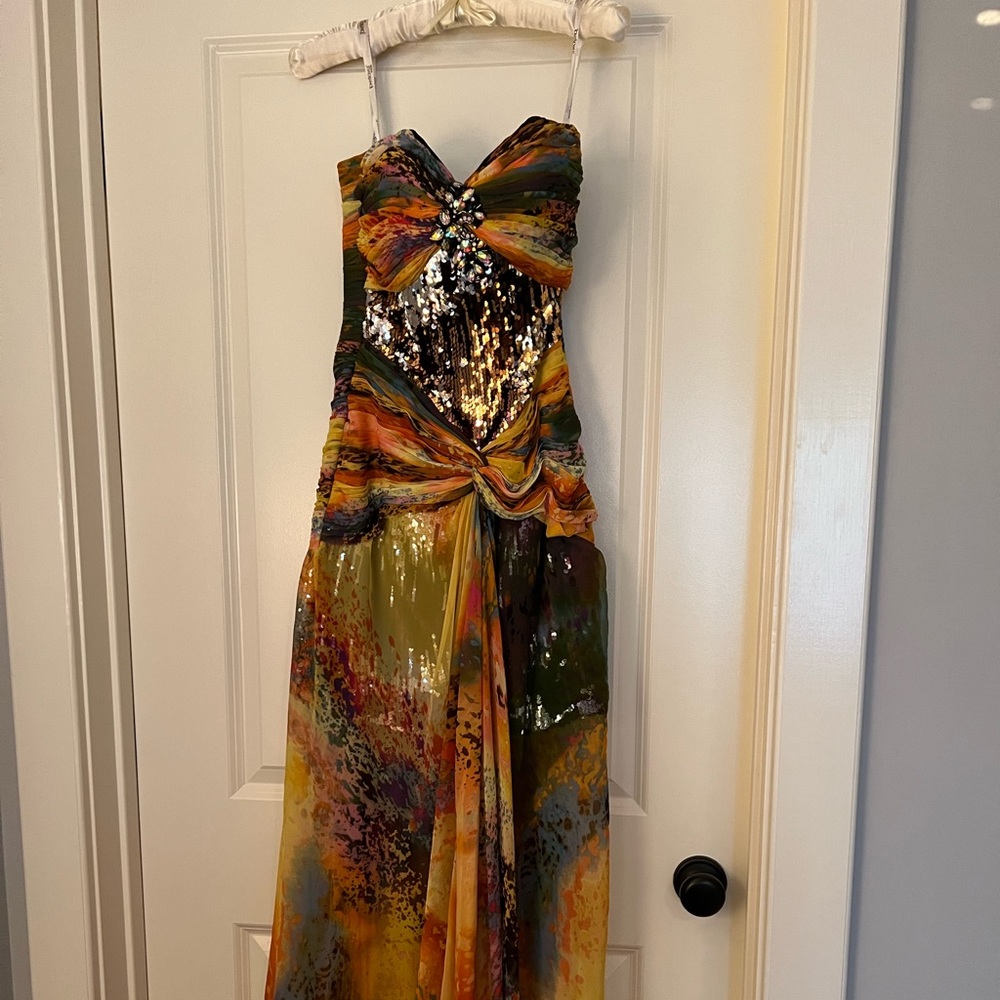 Tony Bowls strapless mini/maxi gown.